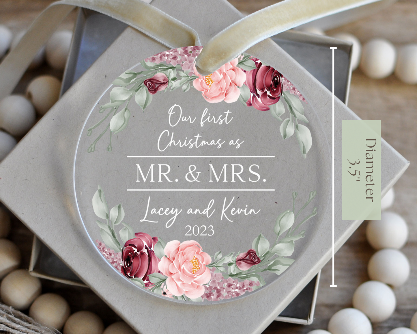 First Christmas as Mr. and Mrs. | Watercolor Roses Acrylic Ornament