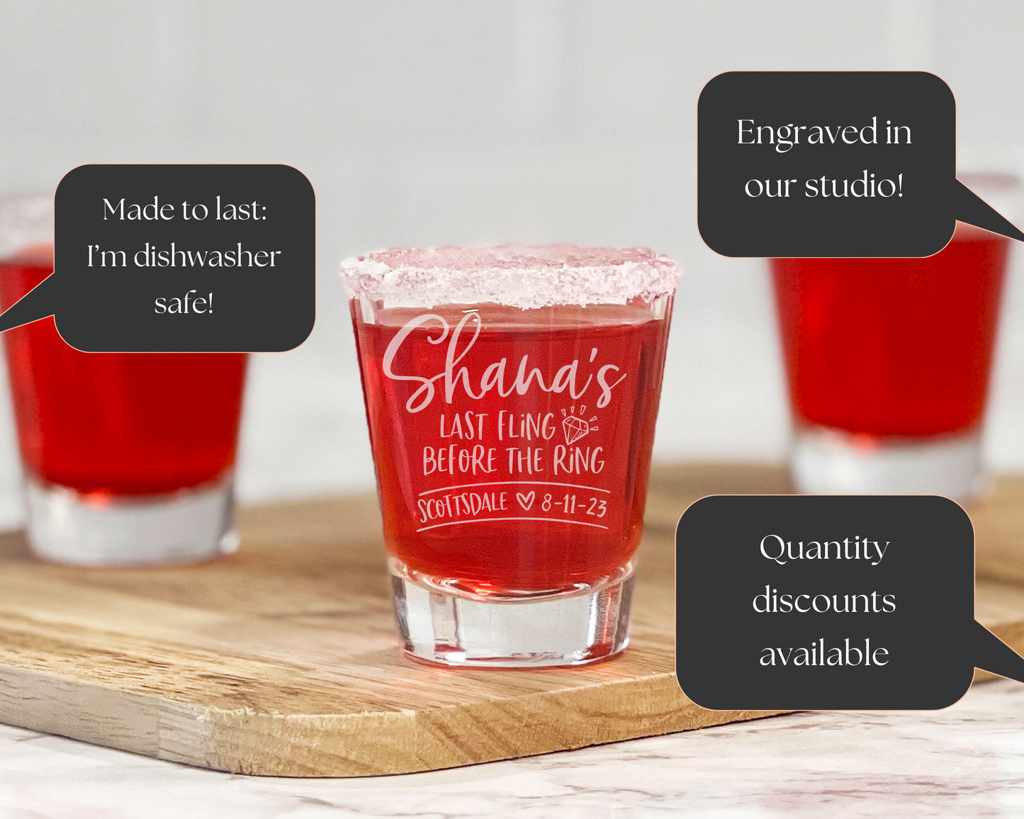 Last Fling Before the Ring Engraved Shot Glasses | Bachelorette Party Favors