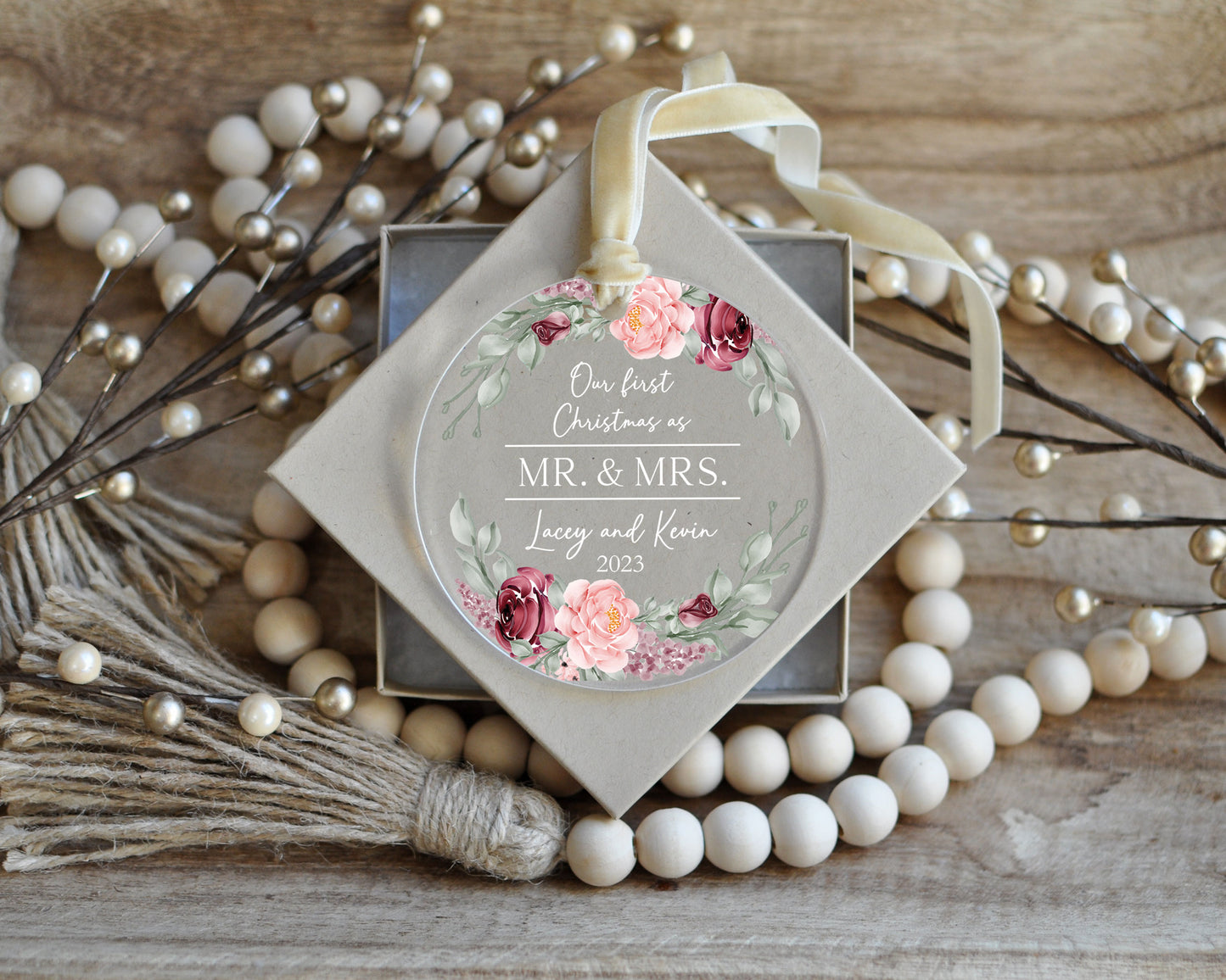 First Christmas as Mr. and Mrs. | Watercolor Roses Acrylic Ornament