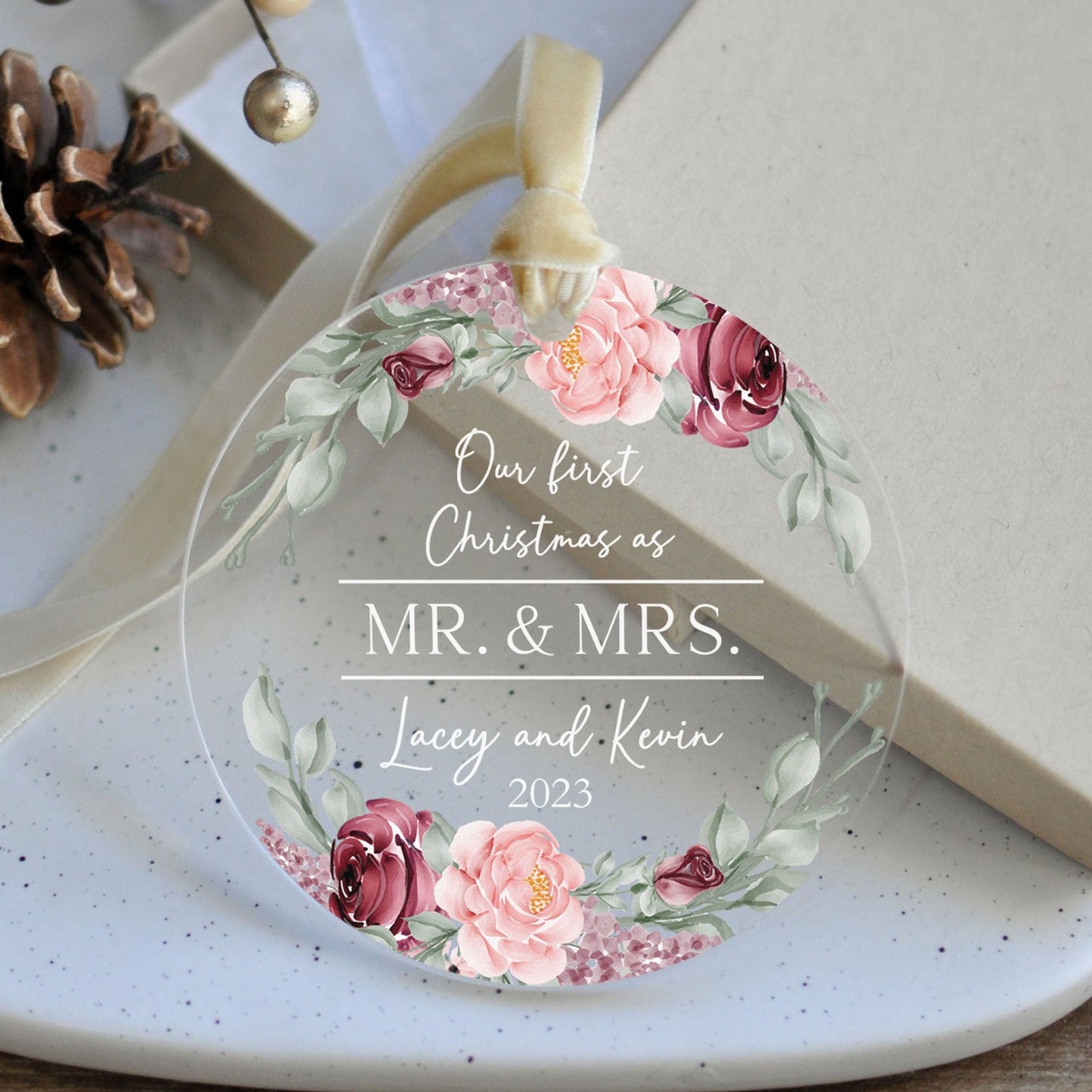 First Christmas as Mr. and Mrs. | Watercolor Roses Acrylic Ornament