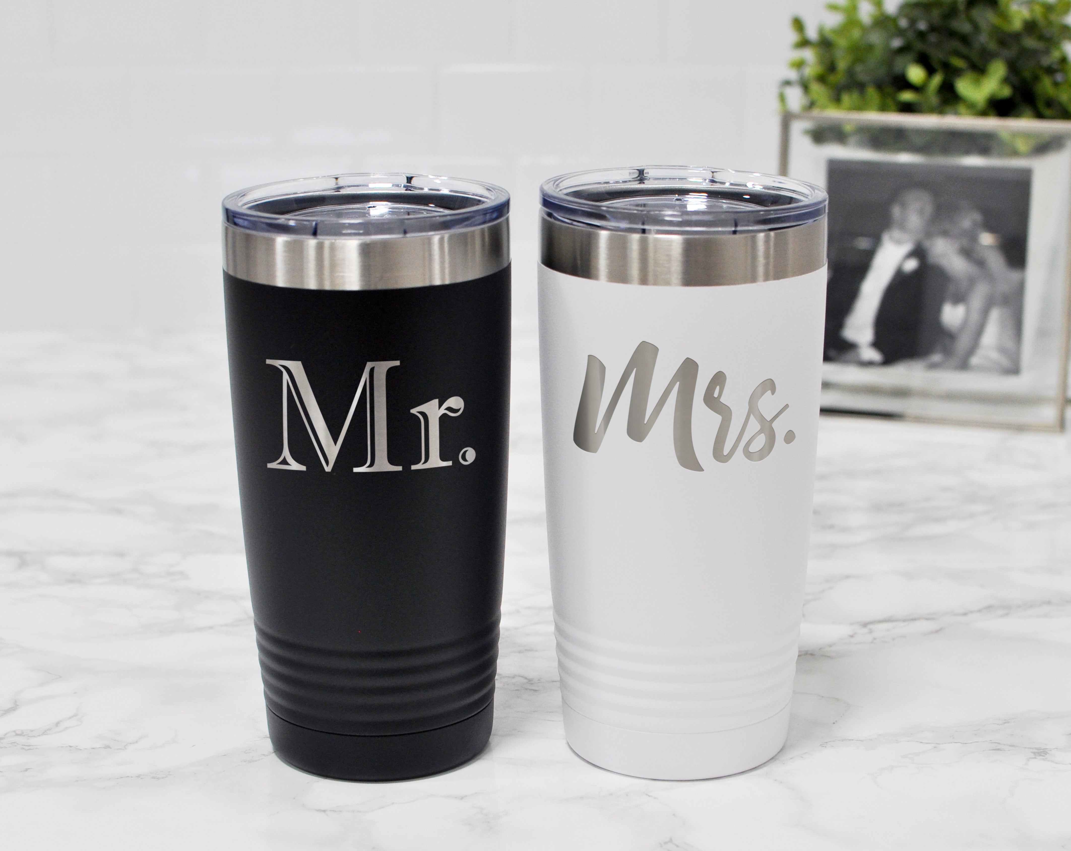 Mr. and Mrs. Travel Mug Tumbler W/ Handle Gift Set Personalized Bride Groom  Name Anniversary Wedding Gift Laser Engraved 20oz Mug 